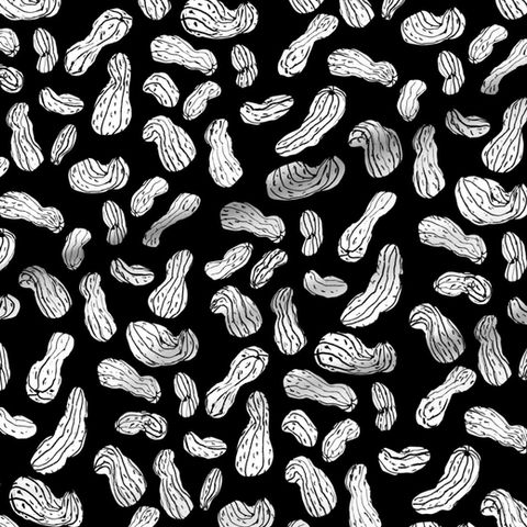 A slightly creased piece of fabric showing a modern blockprint style design of hand-drawn peanut shapes by lenes_linien