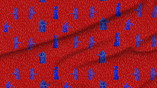A slightly creased piece of fabric featuring abstract, humanoid shapes on uni color ground, reaching out for each other.