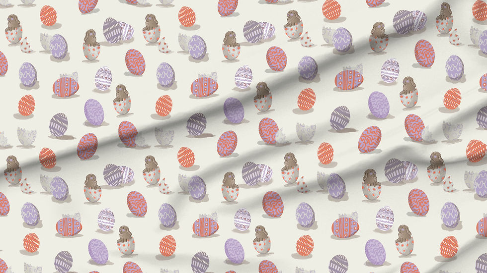 A slightly creased piece of fabric featuring the described easter bunny and egg shells design.