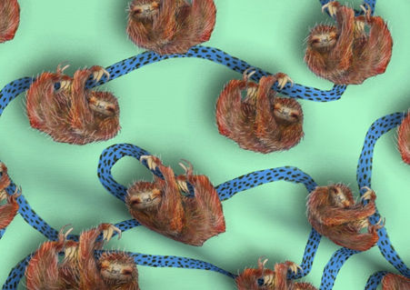 A slightly creased piece of fabric featuring the described design of hand-drawn sloths hanging on lianas.