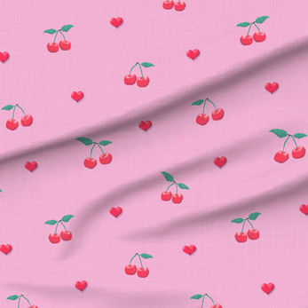 A slightly creased piece of fabric featuring a design of red cherries with green stems and vertical stripes on soft pink by lenes_linien
