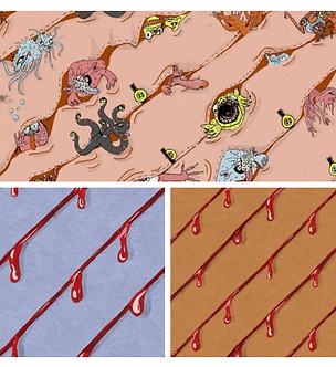 Grid showing crops of 3 designs of the halloween collection by lenes_linien