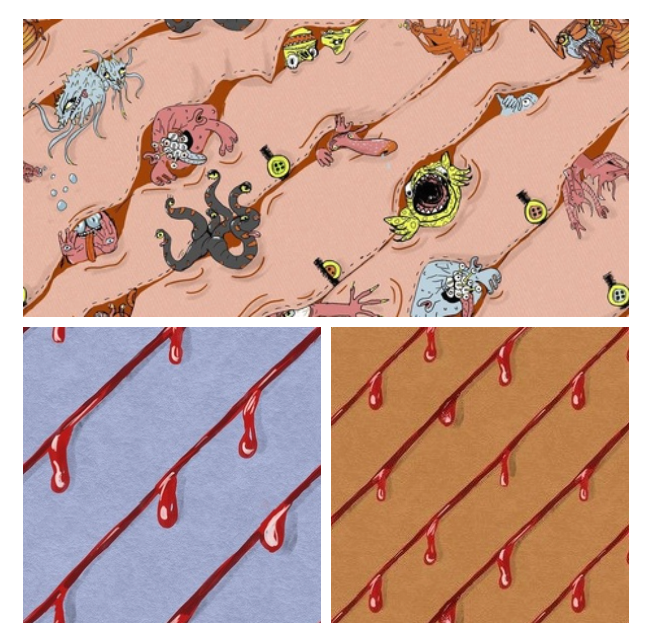 Grid showing crops of 3 designs of the halloween collection by lenes_linien