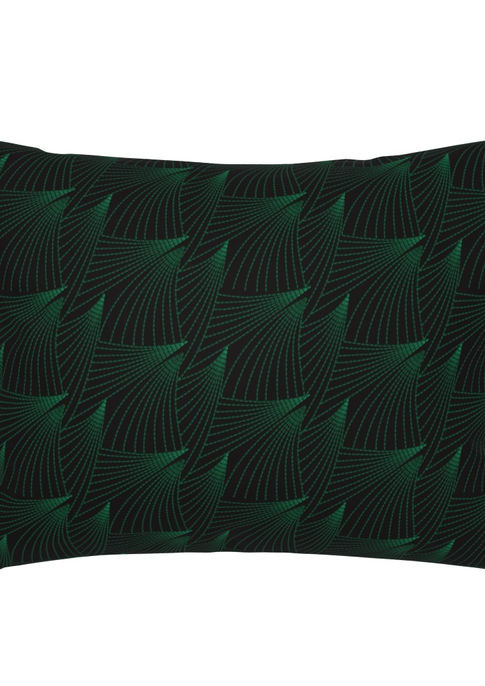 A slightly creased piece of fabric featuring geometric thorny shapes in emerald green on black by lenes_linien.