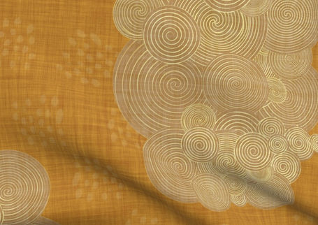 A slightly creased piece of fabric featuring a design of antique scrolls or spirals and clustered dots on rust red, textured faux-linen ground by lenes_linien