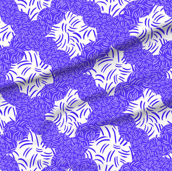 A slightly creased piece of fabric featuring a design of tight undulating wavy columns textured with squiggles in blue and white by lenes_linien