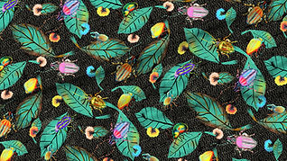 A slightly creased rectangle of fabric showing colorful bugs against deep black background structured by etched horizontal dashes.