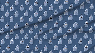 A slightly creased piece of fabric showing a gender-neutral design of raindrop characters with funny faces in light blue on dark blue.