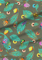 A slightly creased rectangle of fabric showing colorful bugs against muted olive or pewter green background structured by etched light horizontal dashes.