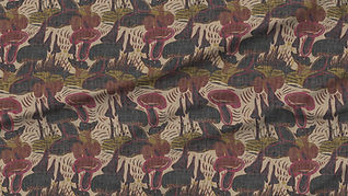 A slightly creased piece of fabric featuring stylized mushrooms organic textures and artistic brushstrokes by lenes_linien.