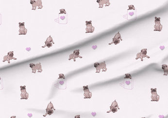 A slightly creased piece of fabric featuring hand-drawn Valentine's Day pug design by lenes_linien.