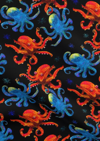 A slightly creased piece of fabric featuring blue and red octopuses putting marriage rings on each other's arms.
