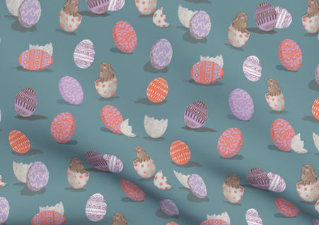 A slightly creased piece of fabric featuring the described easter bunny and egg shells design.