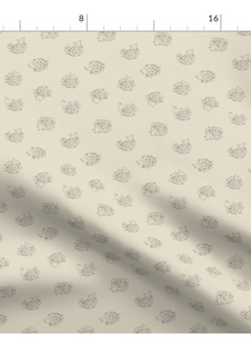 A slightly creased piece of fabric featuring a tossed design of cute, minimalist hedgehogs drawn in loose line-art sketches on uni-colored background by lenes_linien
