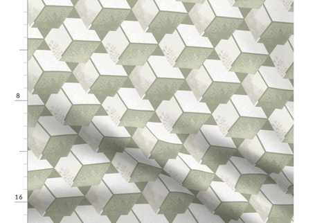 A slightly creased piece of fabric featuring a design of floating geometric cubes in light muted pewter by lenes_linien