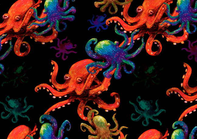 A slightly creased piece of fabric featuring the described octopus design.