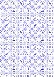 A slightly creased piece of fabric featuring a design of blue on white faux-delft tiles featuring stylized viruses, bacteria and other pathogens in blue and white by lenes_linien