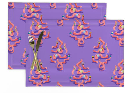 A slightly creased rectangle of fabric showing a lenes_linien design of fun ogee-shaped clusters of characterful earthworms on a unicolored background.