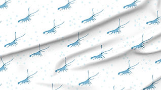 A slightly creased piece of fabric featuring blue shrimp and bubbles on a white background by lenes_linien.