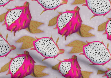 A slightly creased piece of fabric featuring the described tropical fruit design.