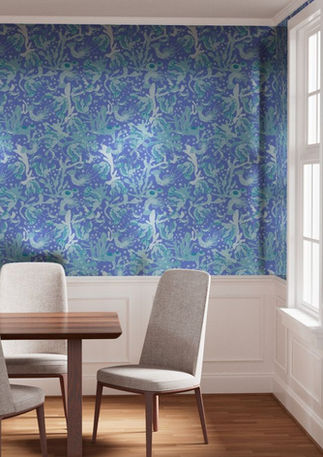 A slightly creased piece of fabric featuring an underwater scene with lobsters crabs corals kelp and bubbles in blue and teal hues by lenes_linien.