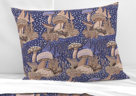 A slightly creased piece of fabric featuring whimsical woodland mushrooms fungi and foliage in earthy browns and blues by lenes_linien.