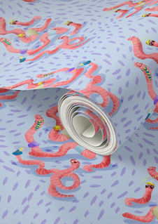 A slightly creased rectangle of fabric showing a lenes_linien design of fun ogee-shaped clusters of characterful earthworms on a dashed background.