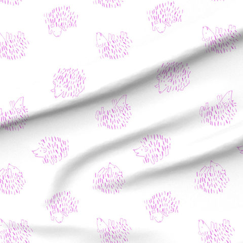 A slightly creased piece of fabric featuring a tossed design of cute, minimalist hedgehogs drawn in loose line-art sketches on uni-colored background by lenes_linien