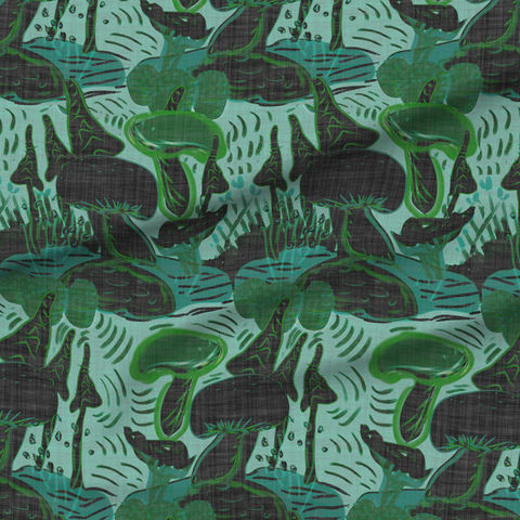A slightly creased piece of fabric featuring stylized sketchy mushrooms and fungi in shades of green and teal by lenes_linien.