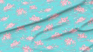 A slightly creased piece of fabric featuring a design of hand-drawn funny pigs splashing about by lenes_linien