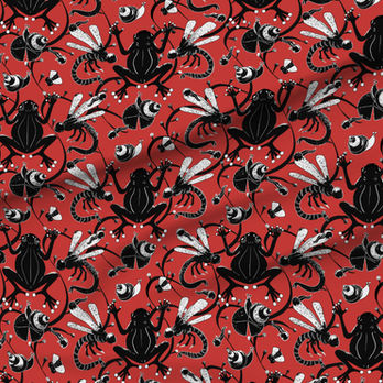 A slightly creased piece of fabric showing an art nouveau inspired frog pond design with fluid lines by lenes_linien