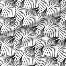 A slightly creased piece of fabric featuring a geometric arrangement of black fanned dashed lines resembling thorns on a white background by lenes_linien.