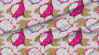 A slightly creased piece of fabric featuring the described tropical fruit design.