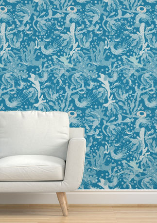 A slightly creased piece of fabric featuring lobsters crabs corals and kelp in a vibrant blue and white palette by lenes_linien.