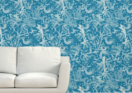 A slightly creased piece of fabric featuring lobsters crabs corals and kelp in a vibrant blue and white palette by lenes_linien.