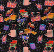 A slightly creased piece of fabric featuring a design  of fun, colorful flamingos playing with gift boxes on black ground - by lenes_linien