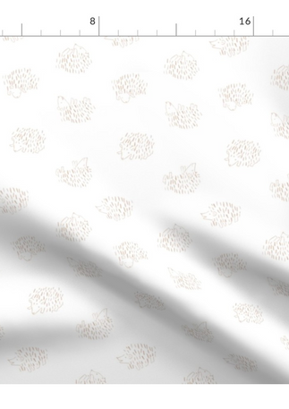 A slightly creased piece of fabric featuring a tossed design of cute, minimalist hedgehogs drawn in loose line-art sketches on uni-colored background by lenes_linien