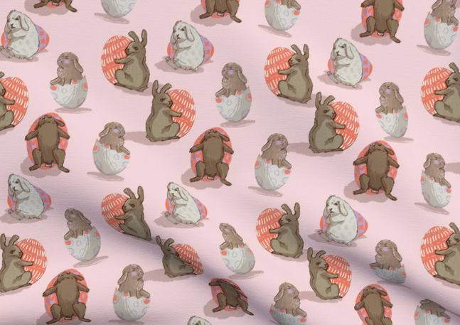 A slightly creased piece of fabric featuring the described easter bunny design.