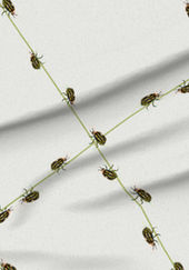 A slightly creased piece of fabric featuring a design of colorful handpainted bugs and modern splashes and dashes of magenta on greige by lenes_linien