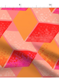 A slightly creased fabric with a seamless pattern of floating geometric 3D cubes design with gradient textured interlocking hexagons in vibrant pink, red and orange