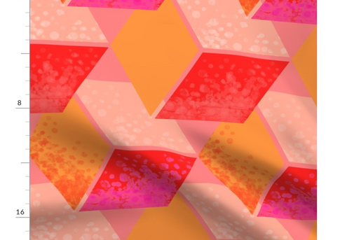 A slightly creased fabric with a seamless pattern of floating geometric 3D cubes design with gradient textured interlocking hexagons in vibrant pink, red and orange