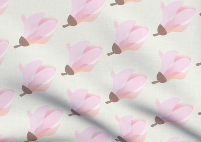 A slightly creased piece of fabric featuring a design of regularly spaced single magnolia flowers on faux-linen texture by lenes_linien