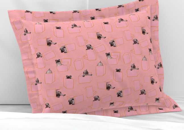 A slightly creased piece of fabric featuring hand-drawn pugs hiding in line-art gift boxes by lenes_linien.
