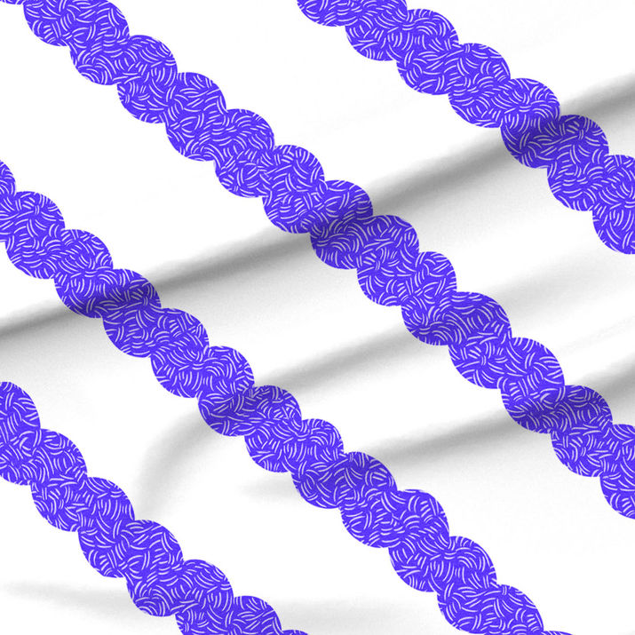 A slightly creased piece of fabric featuring a design of tight undulating wavy columns textured with squiggles in blue and white by lenes_linien