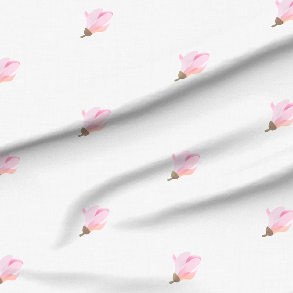 A slightly creased piece of fabric featuring a design of regularly spaced single magnolia flowers on faux-linen texture by lenes_linien