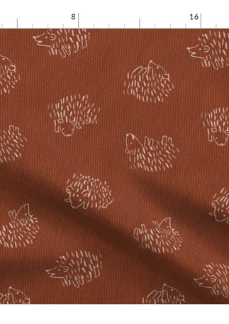 A slightly creased piece of fabric featuring a tossed design of cute, minimalist hedgehogs drawn in loose line-art sketches on uni-colored background by lenes_linien