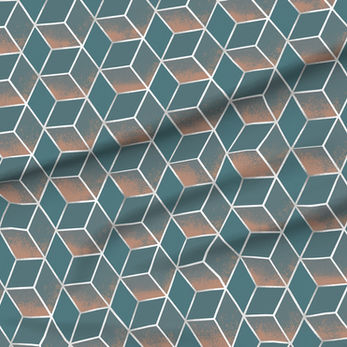 A slightly creased piece of fabric featuring a design of tesselating cubes in blush pink and petrol gradients, forming a white grid -  by lenes_linien