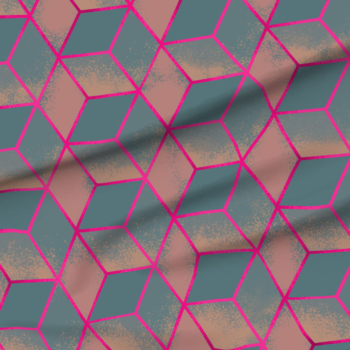 A slightly creased piece of fabric featuring a design of tesselating cubes in Petrol and pink hues forming a grid -  by lenes_linien