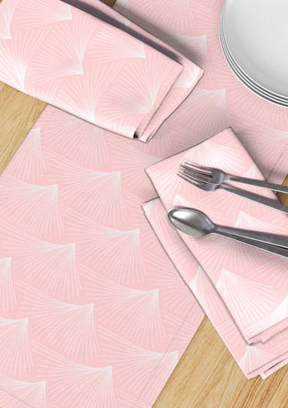 A slightly creased piece of fabric featuring abstract art deco mountaintops with faux sashiko stitches in soft pink and off-white by lenes_linien.