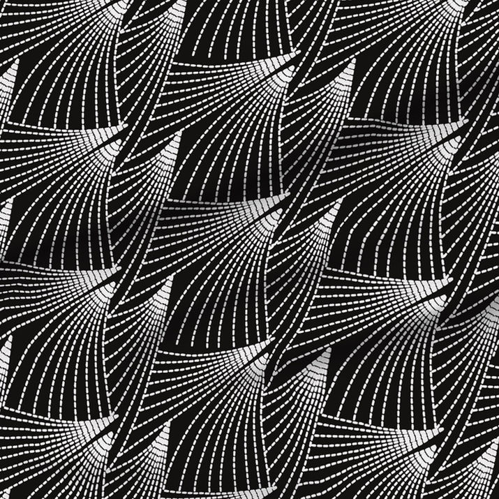 A slightly creased piece of fabric featuring a geometric arrangement of faux-embroidered fanned thorny structures in black and white by lenes_linien.